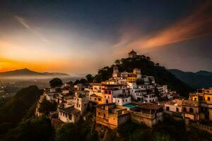 il tramonto al di sopra di il villaggio di udaipur. ai-generato foto