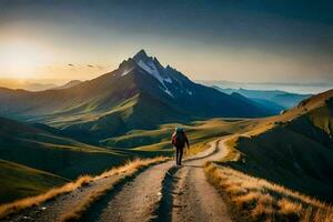 un' uomo passeggiate lungo un' sporco strada nel il montagne. ai-generato foto