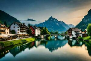 foto sfondo il cielo, montagne, acqua, fiume, Casa, villaggio, fiume, lago,. ai-generato