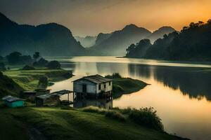 un' piccolo Casa si siede su il bordo di un' lago a tramonto. ai-generato foto