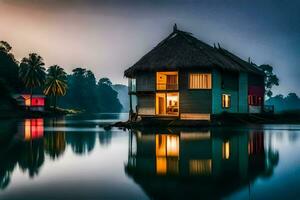 un' Casa si siede su il acqua a crepuscolo. ai-generato foto