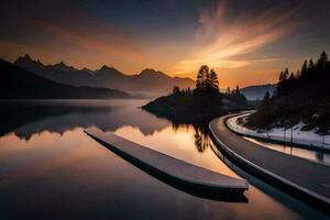 un' lungo strada corre attraverso il mezzo di un' lago a tramonto. ai-generato foto