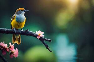 un' uccello seduta su un' ramo con fiori nel il sfondo. ai-generato foto