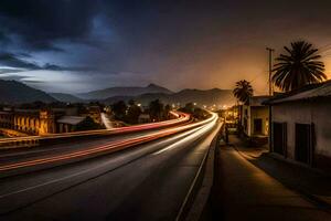 un' lungo esposizione fotografia di un' città strada a notte. ai-generato foto