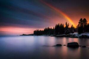 un' arcobaleno è visto al di sopra di il acqua nel davanti di alberi. ai-generato foto