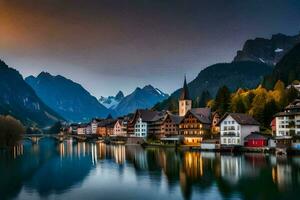 il cittadina di Hallstatt nel il Alpi a crepuscolo. ai-generato foto