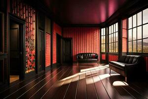 un' camera con rosso muri e di legno piani. ai-generato foto