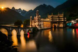 il sole imposta al di sopra di un' bellissimo edificio nel India. ai-generato foto