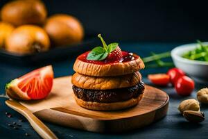 un' Hamburger con fragola marmellata e pomodori su un' di legno taglio tavola. ai-generato foto