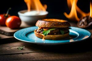 un' Hamburger su un' blu piatto con un' fuoco nel il sfondo. ai-generato foto