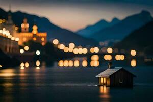 un' piccolo Casa si siede su il bordo di un' lago a notte. ai-generato foto