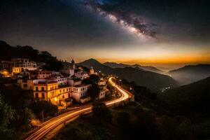 foto sfondo il cielo, montagne, strada, notte, il latteo modo, il stelle,. ai-generato