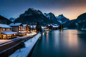 un' bellissimo inverno scena con neve coperto montagne e case. ai-generato foto