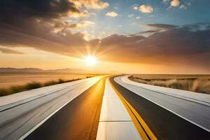 un' lungo autostrada con il sole ambientazione dietro a esso. ai-generato foto