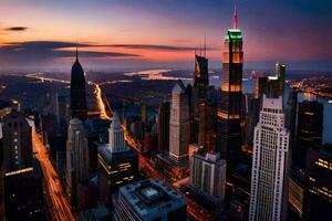 il Chicago orizzonte a tramonto. ai-generato foto