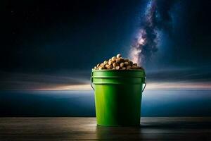 un' secchio pieno di arachidi su un' tavolo nel davanti di un' latteo cielo. ai-generato foto
