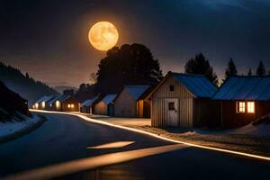 un' pieno Luna è splendente al di sopra di un' strada nel il neve. ai-generato foto