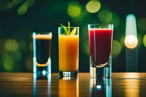 tre diverso tipi di bevande nel bicchieri su un' tavolo. ai-generato foto