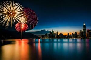 fuochi d'artificio al di sopra di il città orizzonte a notte. ai-generato foto