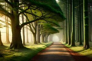 un' strada attraverso un' foresta con alberi e nebbia. ai-generato foto