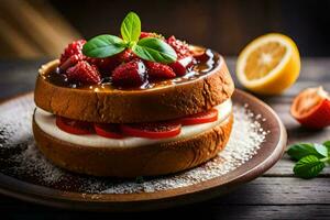 un' fragola e crema Sandwich su un' di legno tavolo. ai-generato foto