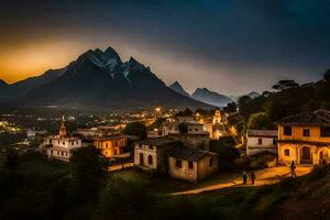 un' villaggio nel il montagne a crepuscolo. ai-generato foto