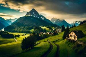 un' bellissimo montagna paesaggio con un' Casa nel il mezzo. ai-generato foto