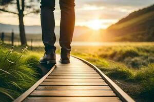 un' persona a piedi su un' di legno sentiero nel il tramonto. ai-generato foto