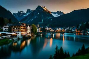 foto sfondo montagne, il cielo, acqua, lago, Casa, Casa, il città, il. ai-generato