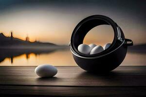 uova nel un' nero pentola su un' tavolo con un' lago nel il sfondo. ai-generato foto
