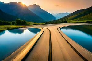 un' strada avvolgimento attraverso il montagne a tramonto. ai-generato foto