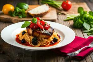 un' piatto di cibo con pasta e carne su un' di legno tavolo. ai-generato foto