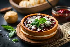 un' torta di formaggio con frutti di bosco e basilico su un' di legno piatto. ai-generato foto