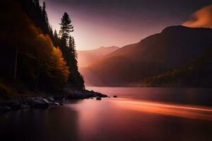 un' lago nel il montagne con alberi e un' tramonto. ai-generato foto