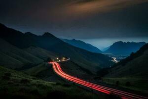 un' lungo esposizione foto di un' strada nel il montagne. ai-generato