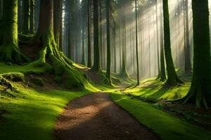 un' sentiero attraverso un' foresta con verde alberi. ai-generato foto