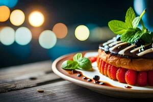 un' dolce con fragole e cioccolato su un' piatto. ai-generato foto