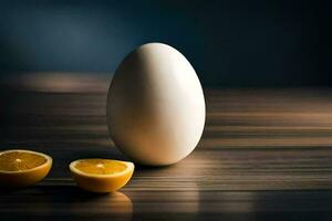 un uovo e metà un arancia su un' tavolo. ai-generato foto