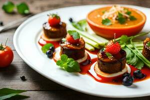 un' piatto con carne, verdure e salsa. ai-generato foto