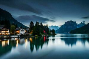 un' lago e montagna gamma a crepuscolo. ai-generato foto