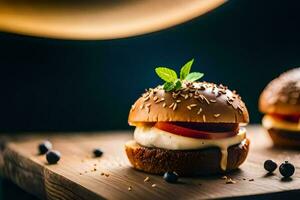 Due hamburger con formaggio e pomodori su un' di legno tavola. ai-generato foto