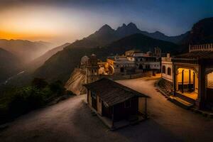 il sole imposta al di sopra di un' montagna villaggio nel India. ai-generato foto