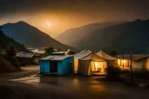 un' villaggio nel il montagne a notte. ai-generato foto