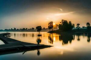 un' lungo di legno molo nel il mezzo di un' lago a tramonto. ai-generato foto