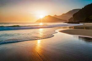 il sole sorge al di sopra di il oceano e il onde su il spiaggia. ai-generato foto