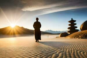 un' uomo a piedi nel il deserto a tramonto. ai-generato foto