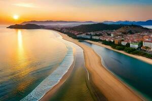 il sole imposta al di sopra di il spiaggia e montagne nel Questo aereo foto. ai-generato foto