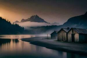 foto sfondo il cielo, montagne, nebbia, lago, cabina, il montagne, il lago,. ai-generato