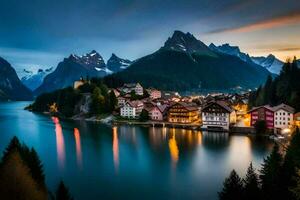 un' cittadina si siede su il bordo di un' lago a crepuscolo. ai-generato foto