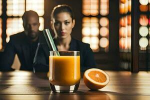 un' uomo e donna seduta a un' tavolo con un arancia succo. ai-generato foto